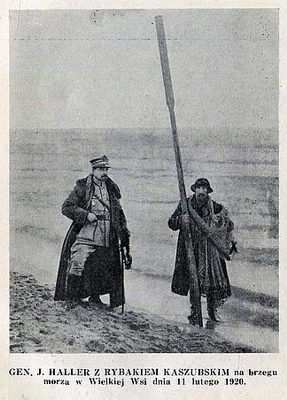 Generał J. Haller z rybakiem kaszubskim na brzegu morza w Wielkiej Wsi dnia 11 lutego 1920 roku 